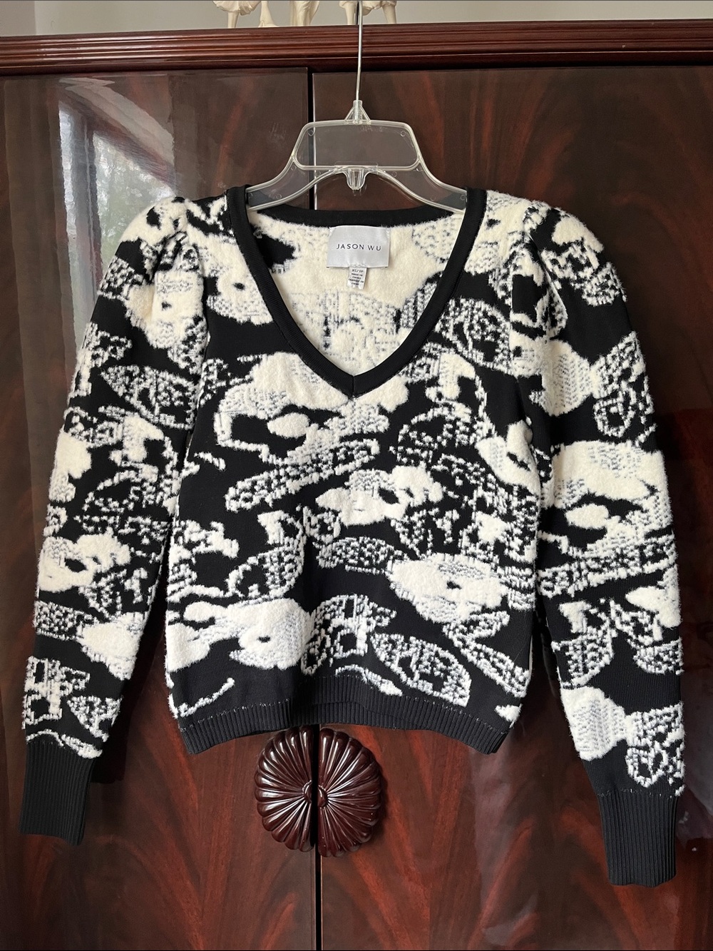 Jason Wu Black & White Long Sleeve V-Neck Knit Sweater